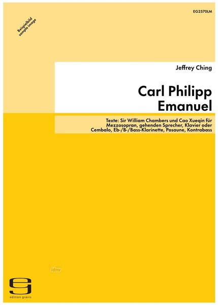Carl Philipp Emanuel in the Gardens of China für Mezzosopran, gehenden Sprecher, Klavier oder Cembalo, Eb-/B-/Bass-Klarinette, Posaune, Kontrabass und 2 Schlagzeuger (2018)